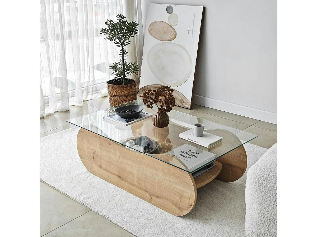 Table basse verre, base luge effet bois avec rangement SALTA