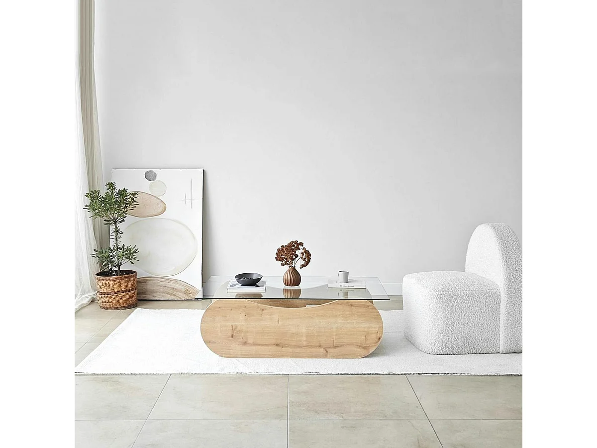 Table basse verre, base luge effet bois avec rangement SALTA