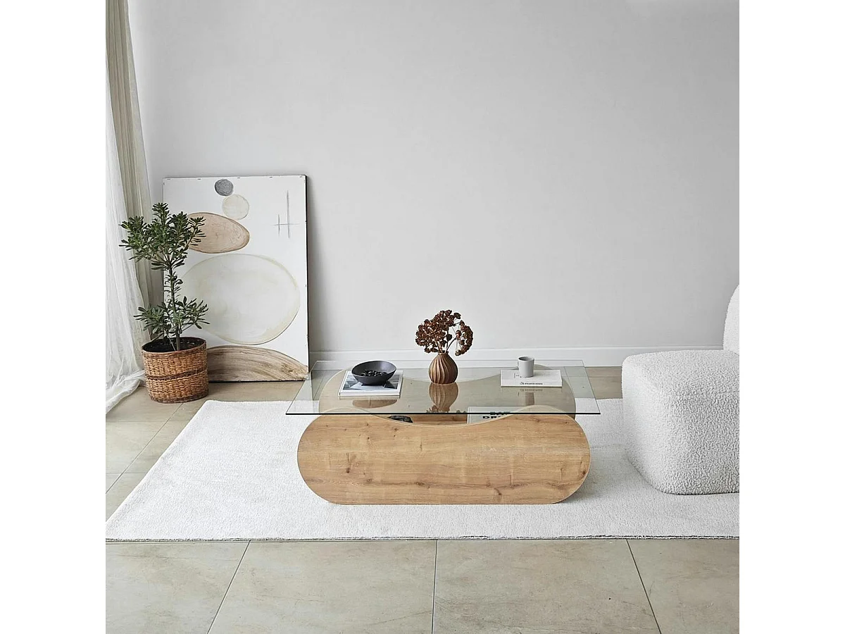 Table basse verre, base luge effet bois avec rangement SALTA