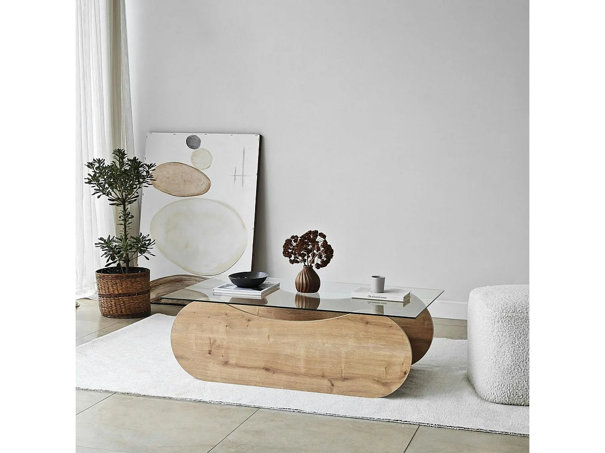 Table basse verre, base luge effet bois avec rangement SALTA