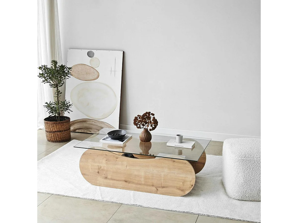 Table basse verre, base luge effet bois avec rangement SALTA