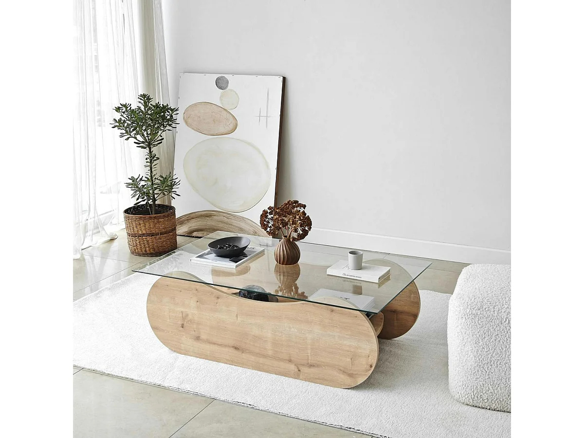 Table basse verre, base luge effet bois avec rangement SALTA