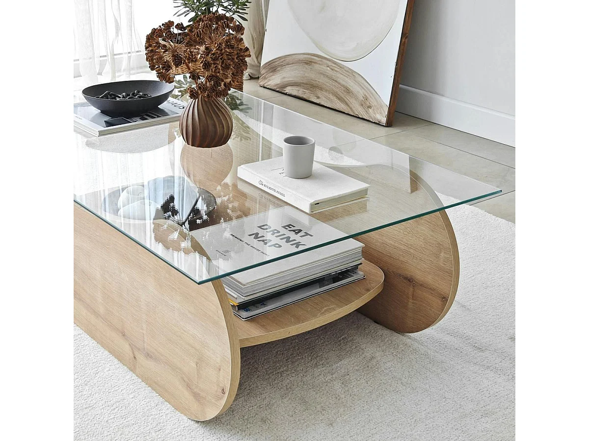 Table basse verre, base luge effet bois avec rangement SALTA
