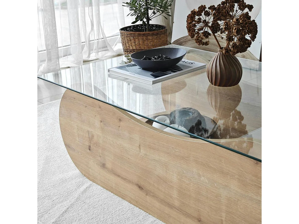 Table basse verre, base luge effet bois avec rangement SALTA