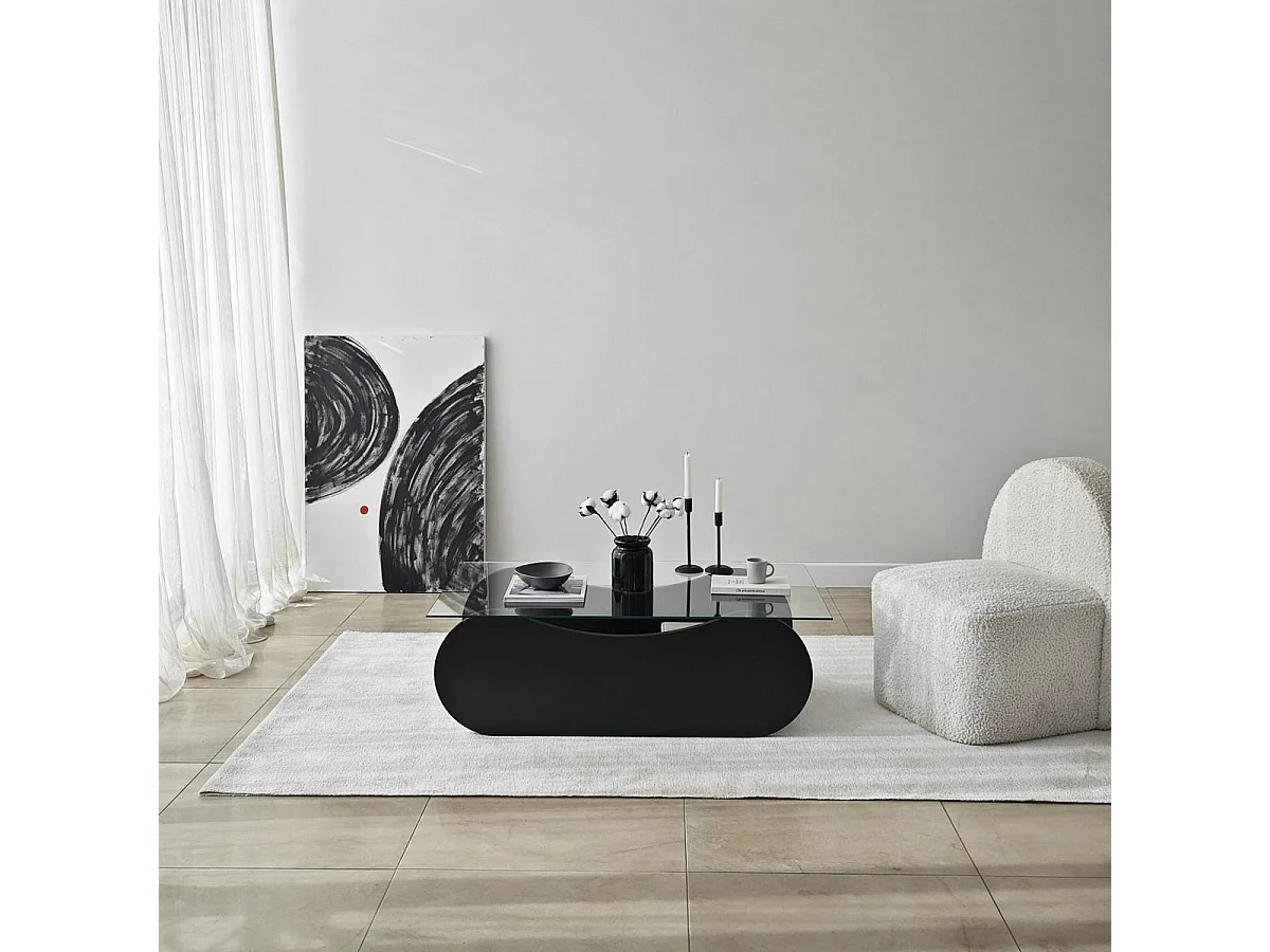 Table basse en verre, base luge noire avec rangement SALTA