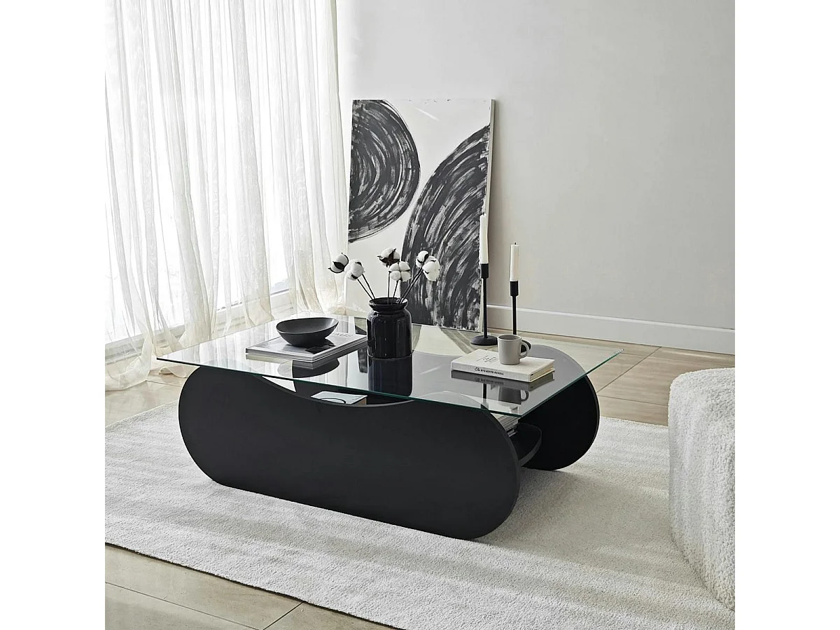 Table basse en verre, base luge noire avec rangement SALTA