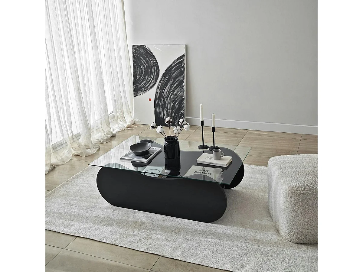 Table basse en verre, base luge noire avec rangement SALTA