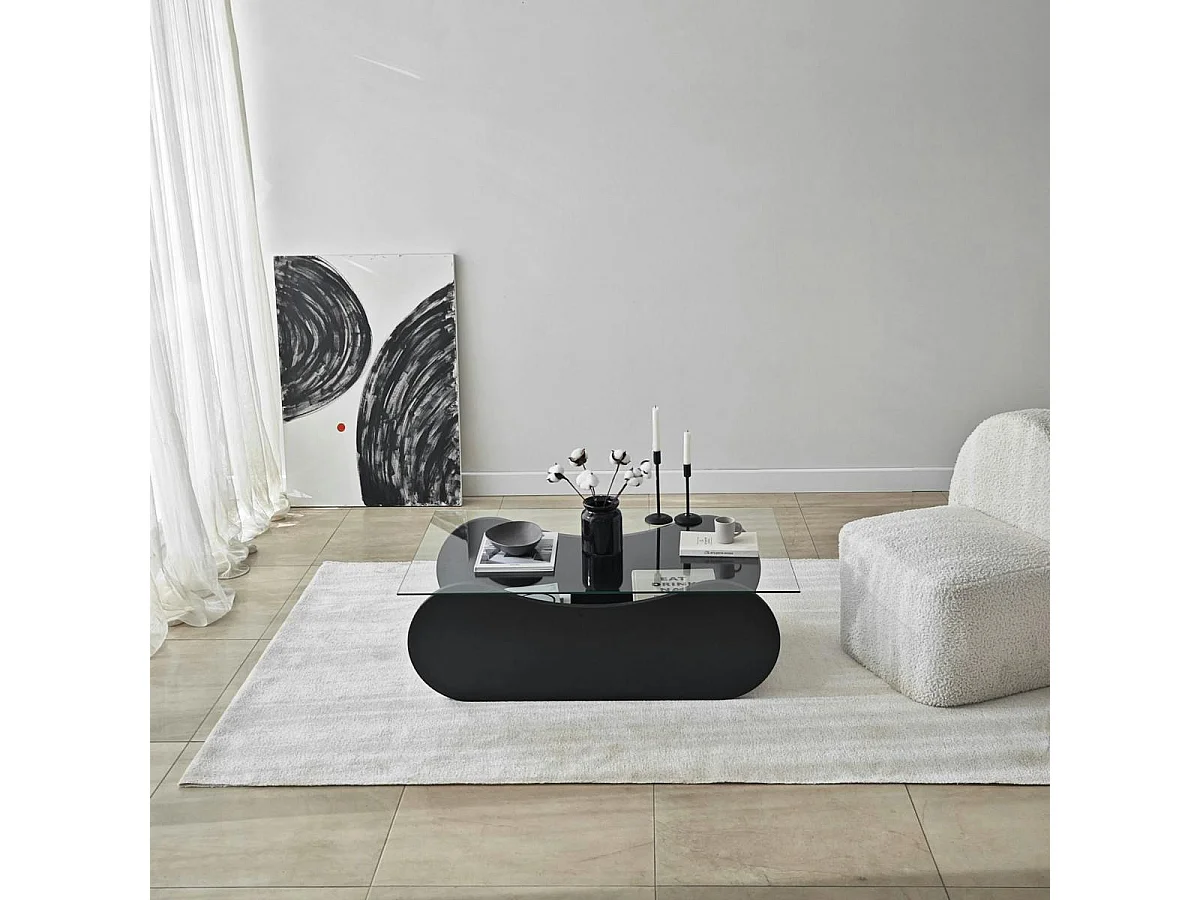 Table basse en verre, base luge noire avec rangement SALTA