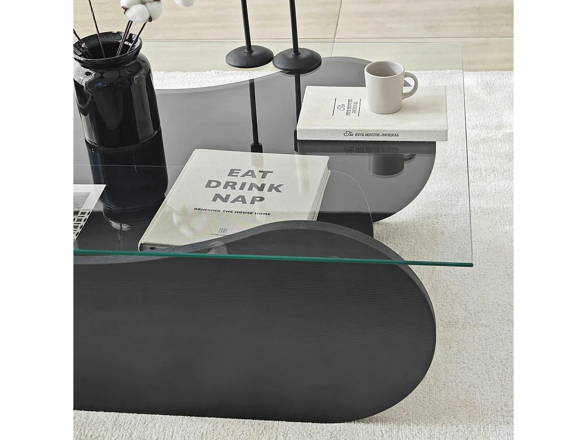 Table basse en verre, base luge noire avec rangement SALTA