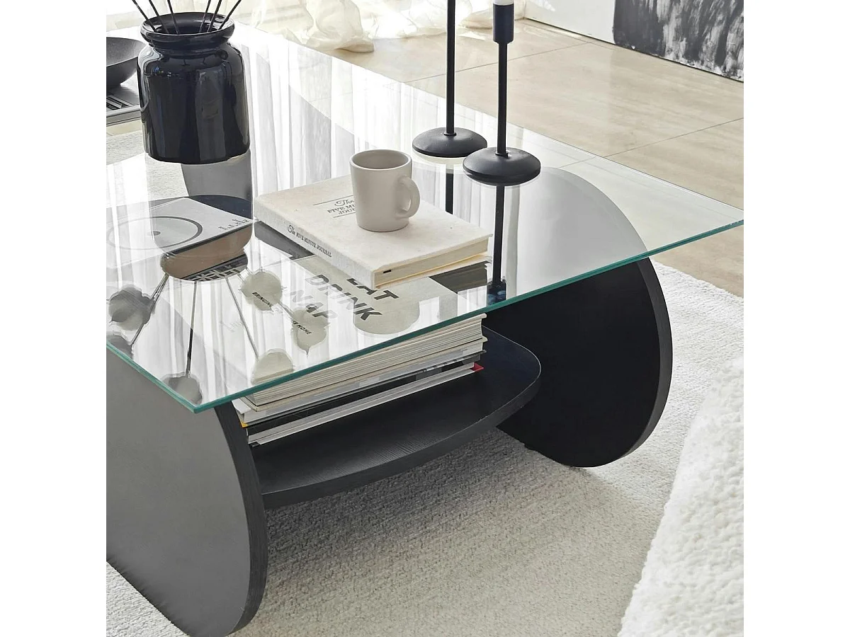 Table basse en verre, base luge noire avec rangement SALTA