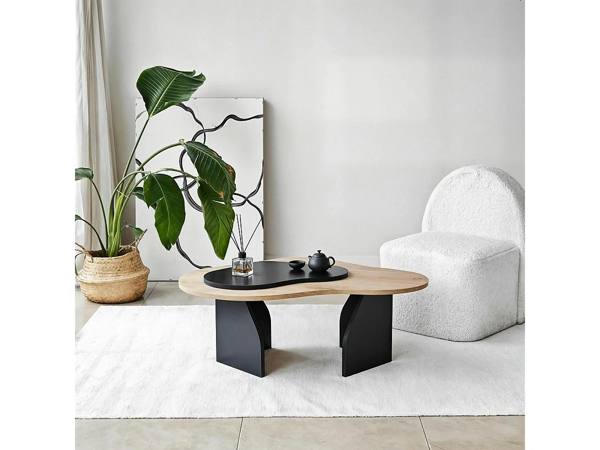 Table basse design organique noire et effet bois, 2 plateaux MARFA