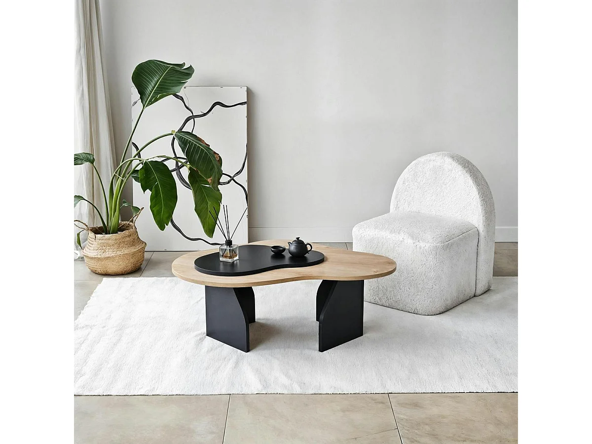 Table basse design organique noire et effet bois, 2 plateaux MARFA