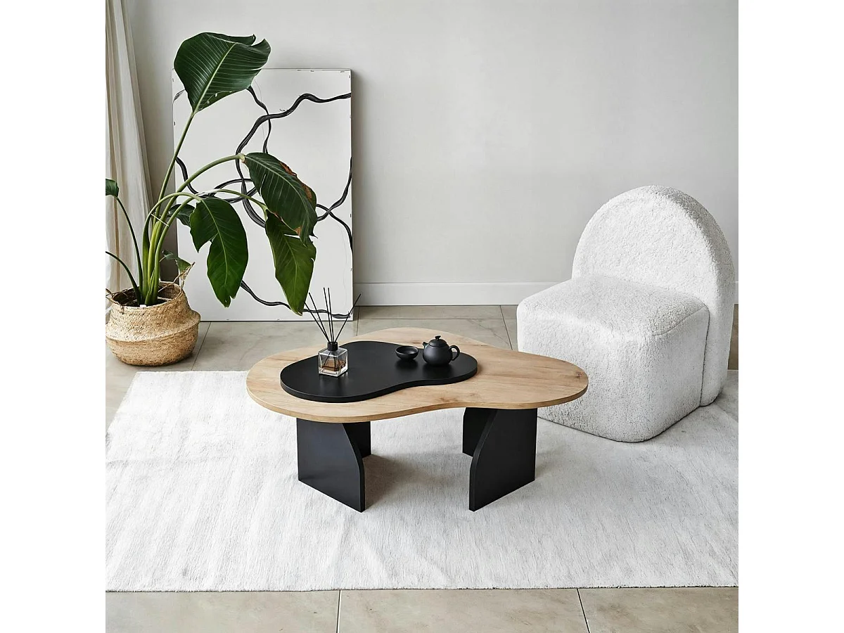 Table basse design organique noire et effet bois, 2 plateaux MARFA