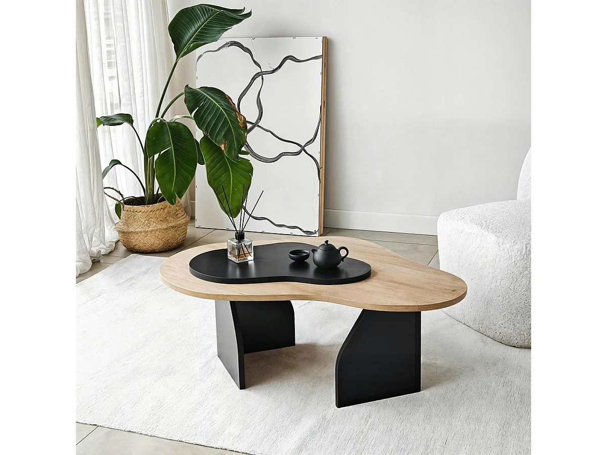 Table basse design organique noire et effet bois, 2 plateaux MARFA