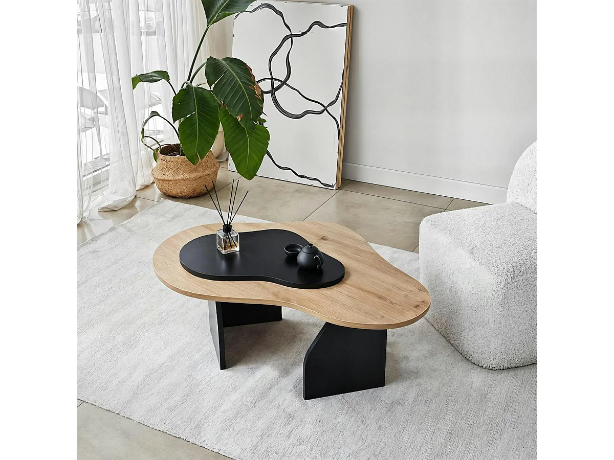 Table basse design organique noire et effet bois, 2 plateaux MARFA