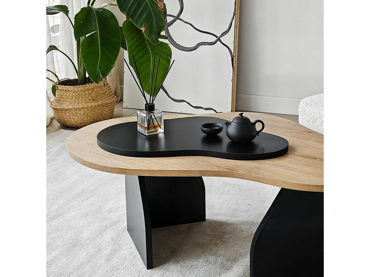 Table basse design organique noire et effet bois, 2 plateaux MARFA