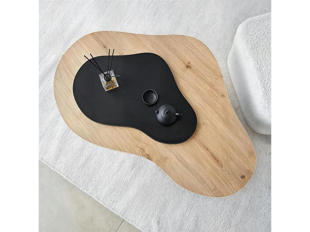 Table basse design organique noire et effet bois, 2 plateaux MARFA