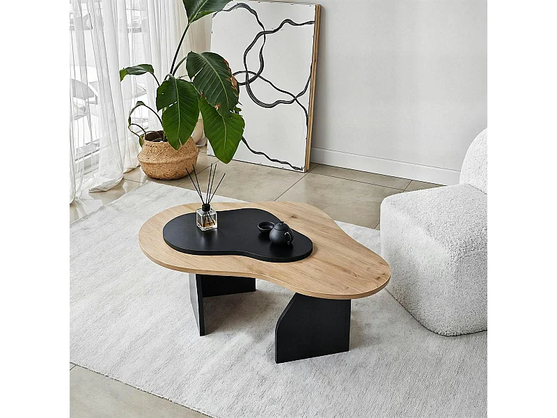 Table basse design organique noire et effet bois, 2 plateaux MARFA