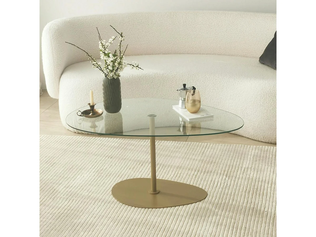 Table basse en verre forme triangle organique pied doré TULUM