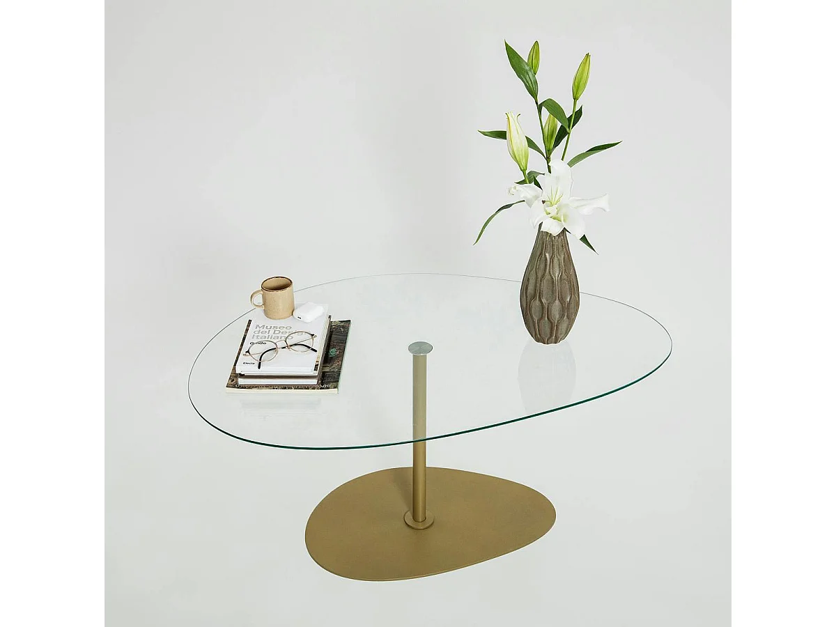 Table basse en verre forme triangle organique pied doré TULUM