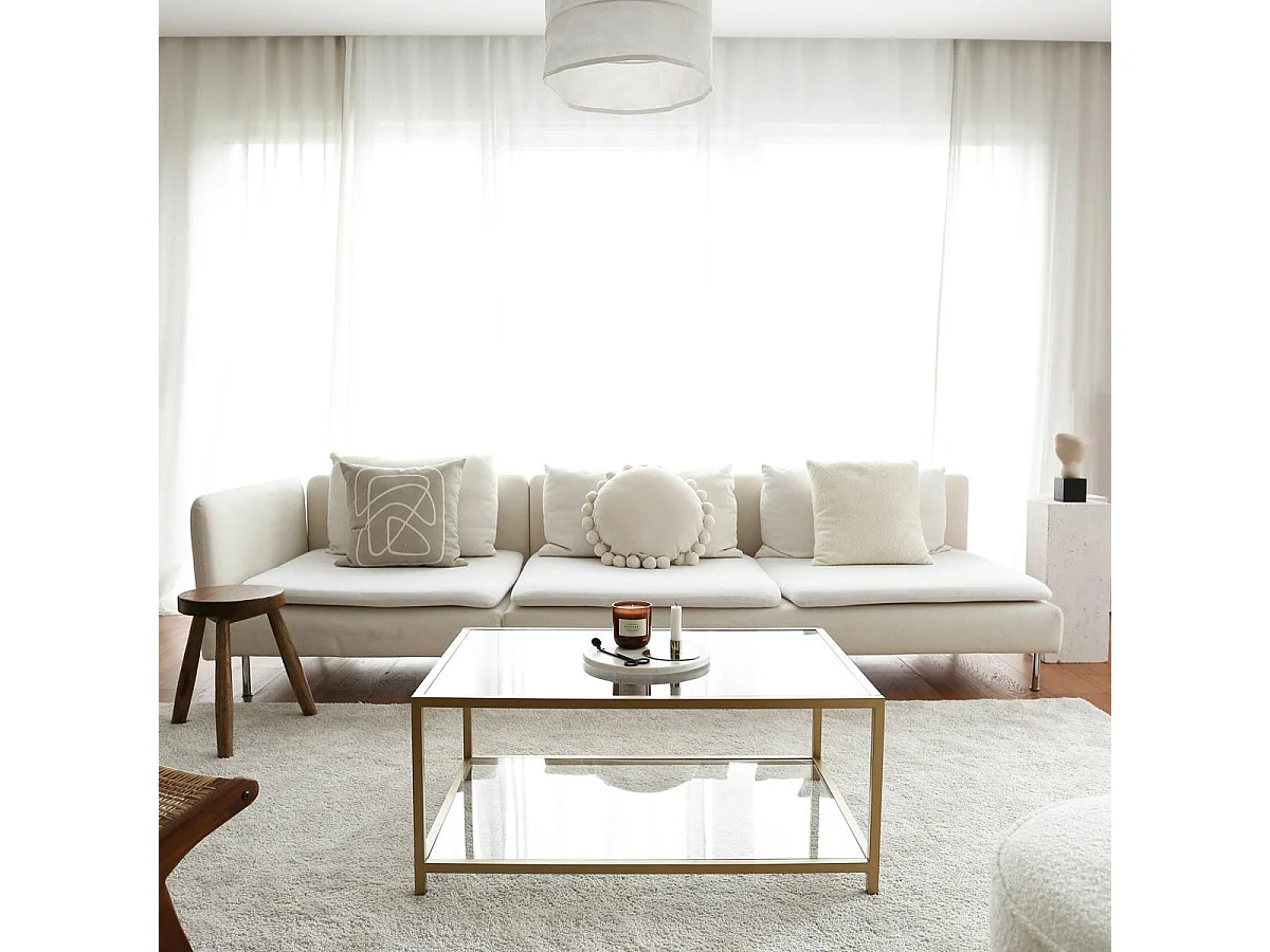 Table basse en verre 2 plateaux, structure dorée TULUM