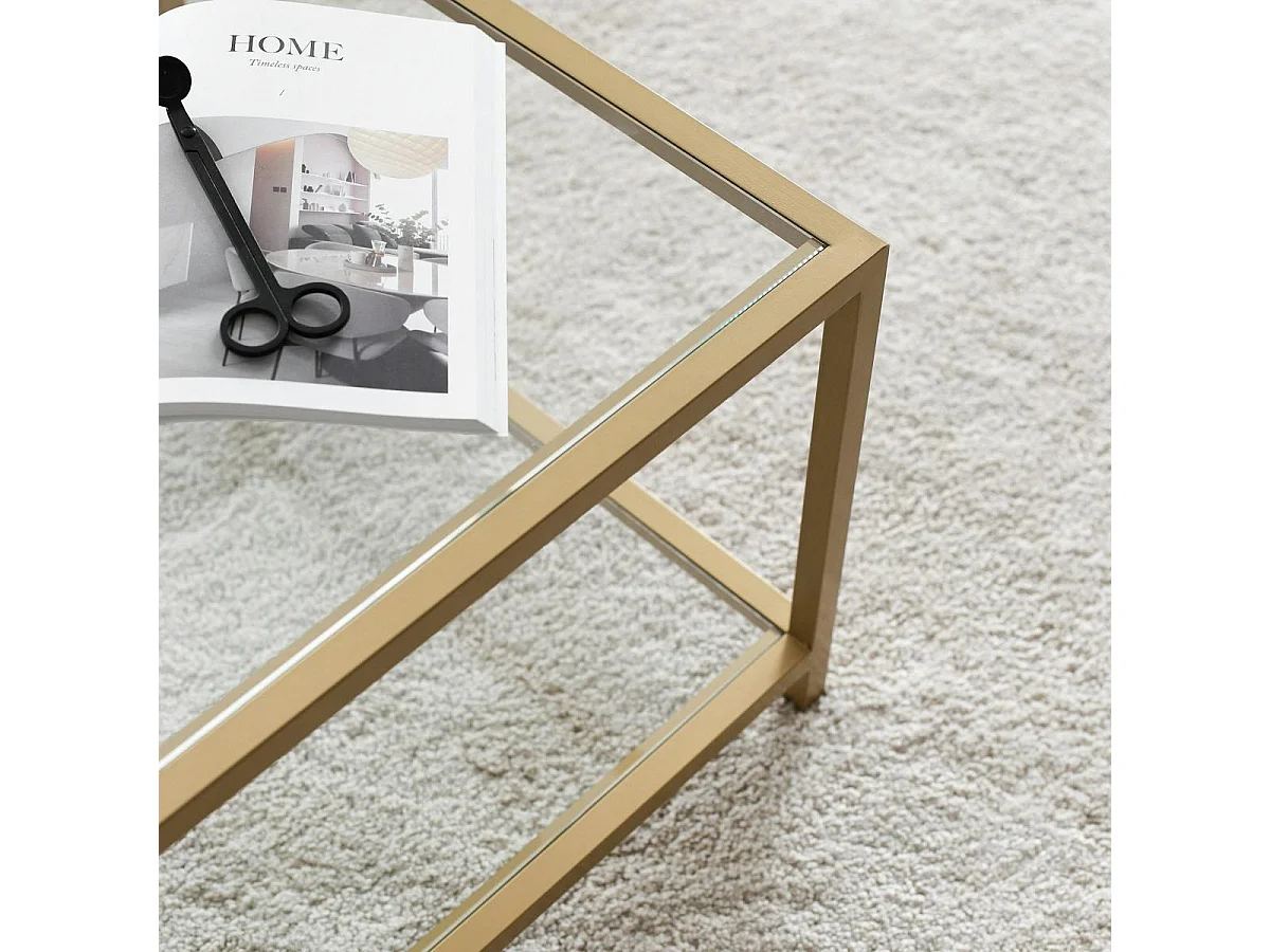 Table basse en verre 2 plateaux, structure dorée TULUM