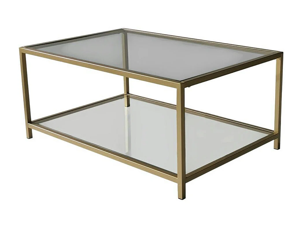 Table basse en verre 2 plateaux, structure dorée TULUM