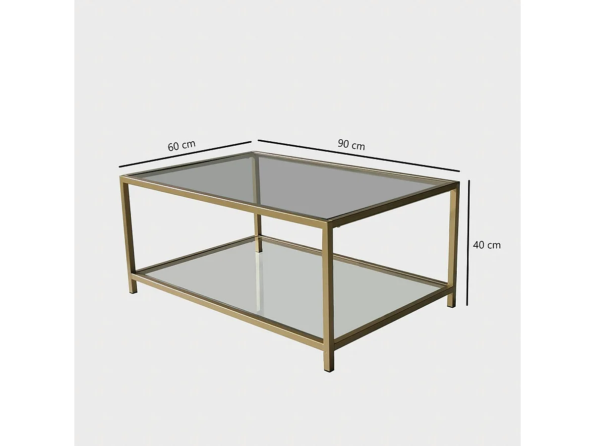 Table basse en verre 2 plateaux, structure dorée TULUM