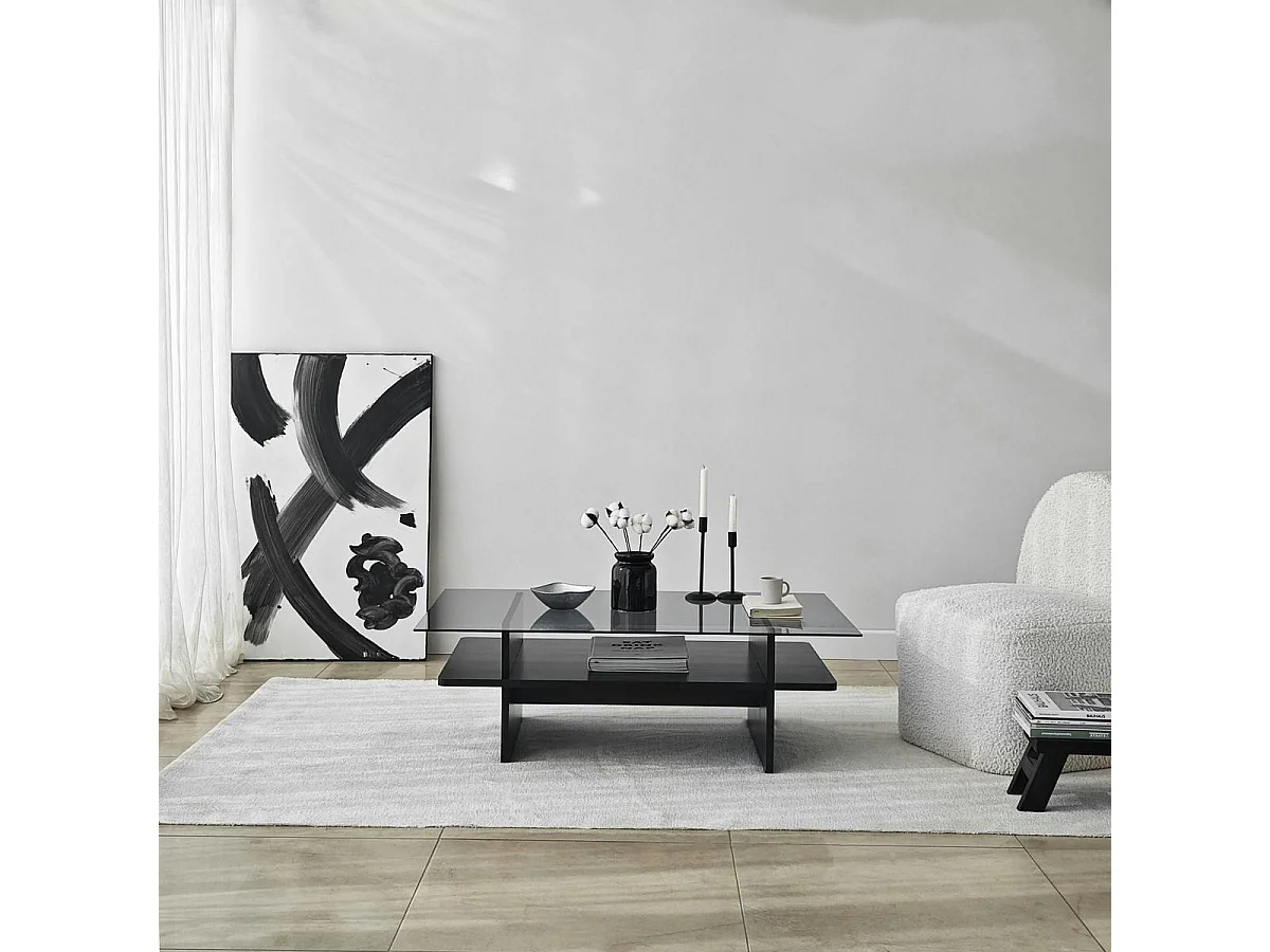 Table basse design 2 plateaux, verre fumé et noir SALTA