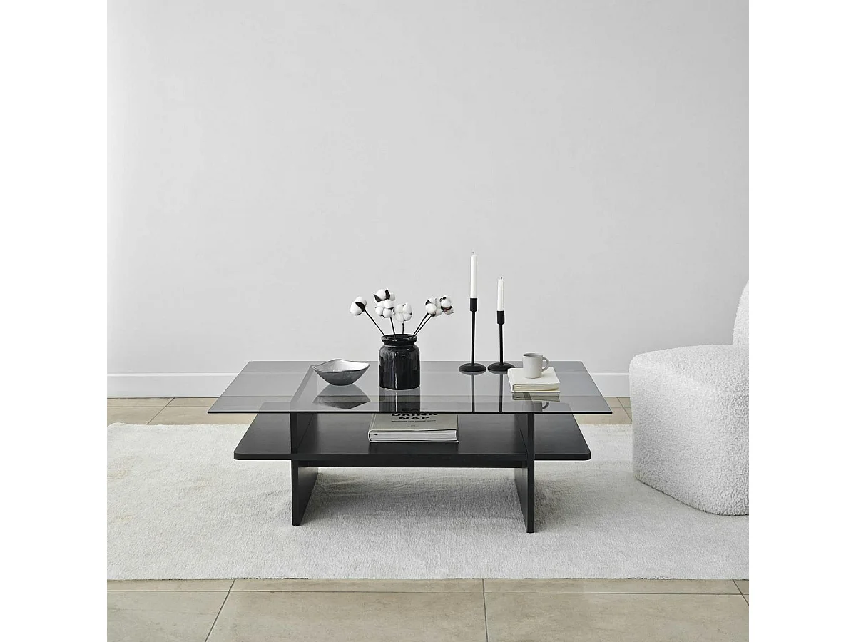 Table basse design 2 plateaux, verre fumé et noir SALTA