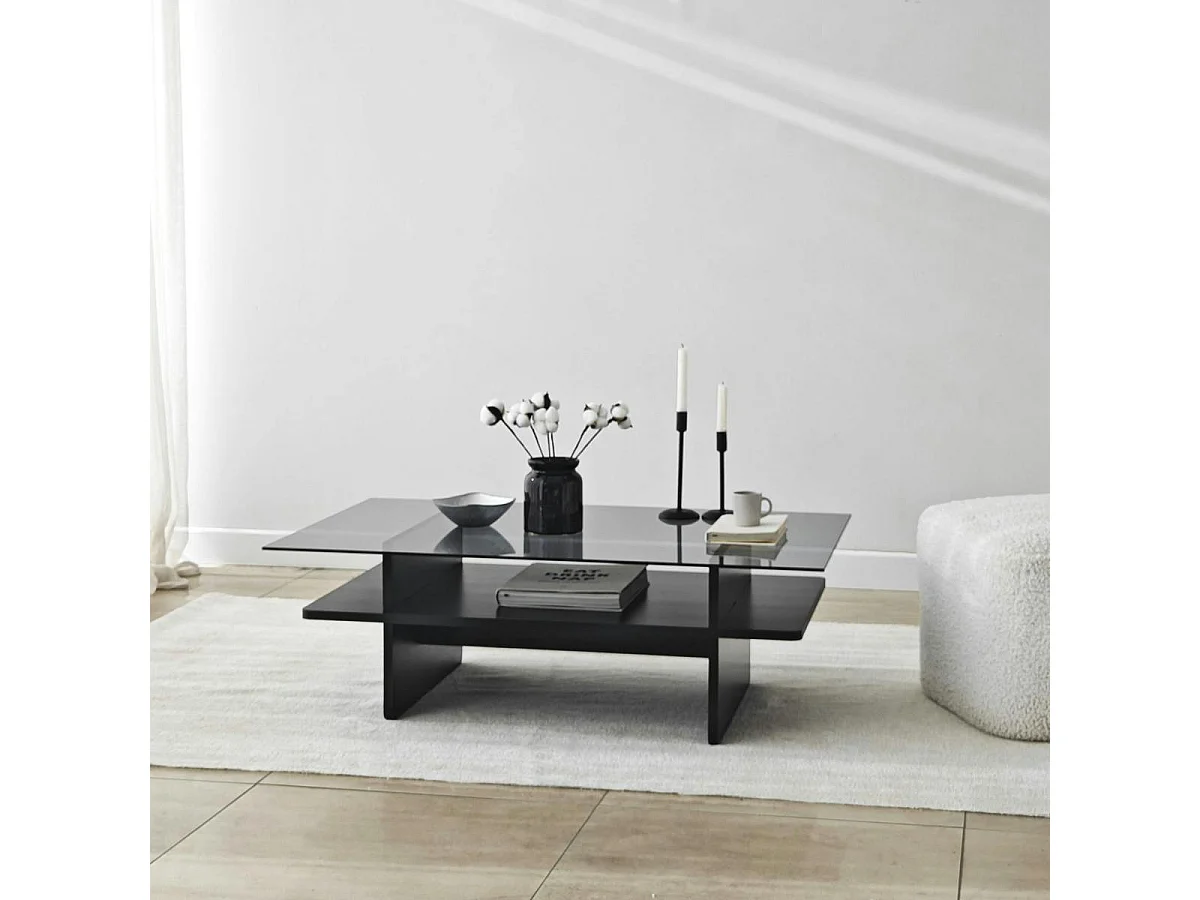 Table basse design 2 plateaux, verre fumé et noir SALTA