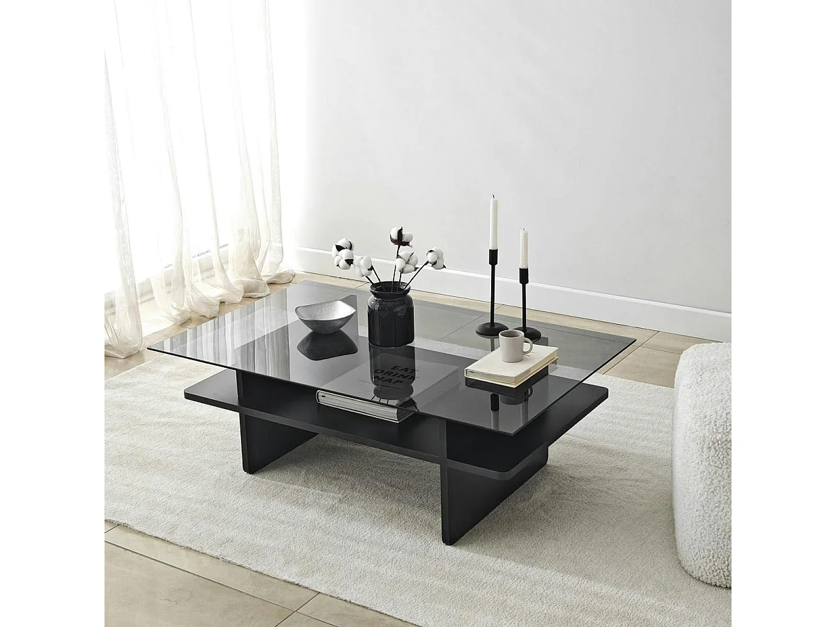 Table basse design 2 plateaux, verre fumé et noir SALTA