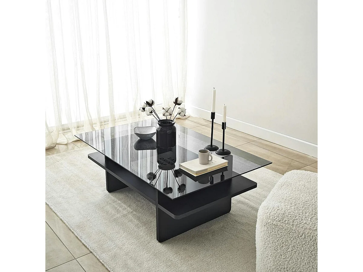 Table basse design 2 plateaux, verre fumé et noir SALTA