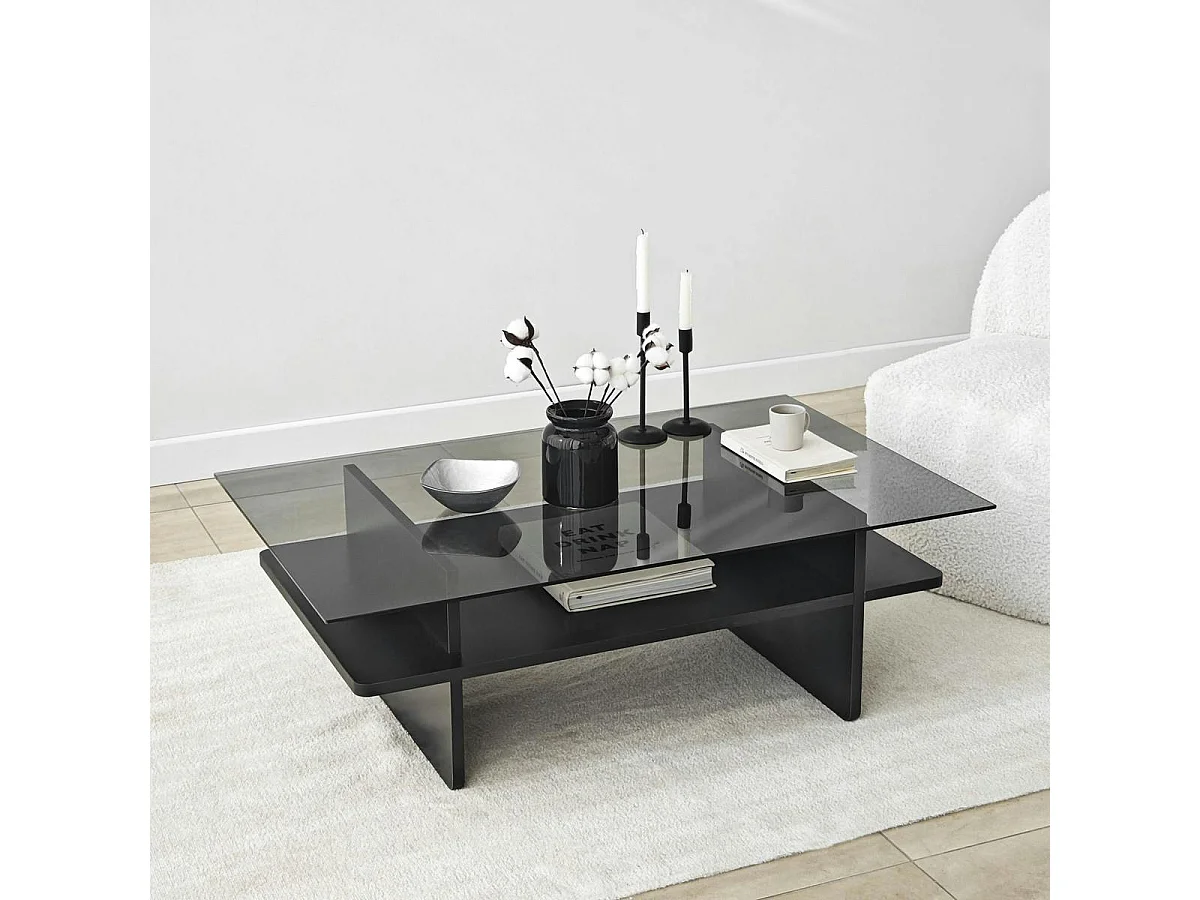 Table basse design 2 plateaux, verre fumé et noir SALTA