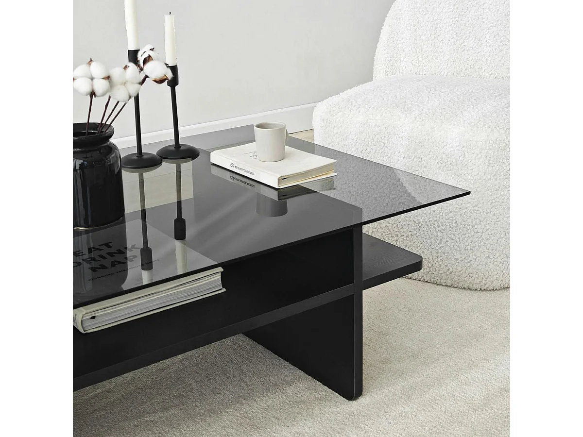 Table basse design 2 plateaux, verre fumé et noir SALTA