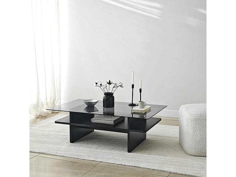 Table basse design 2 plateaux, verre fumé et noir SALTA