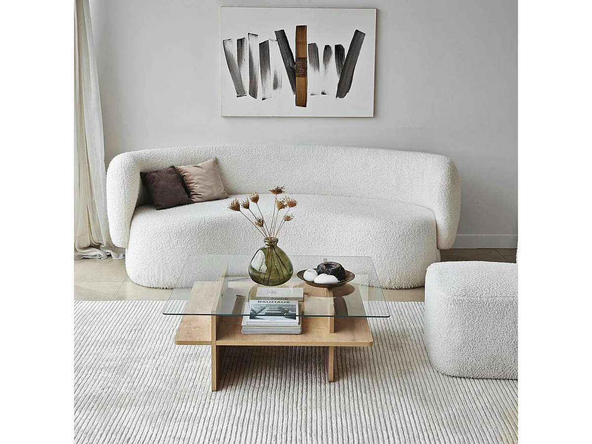 Table basse en verre carrée, base effet bois SALTA