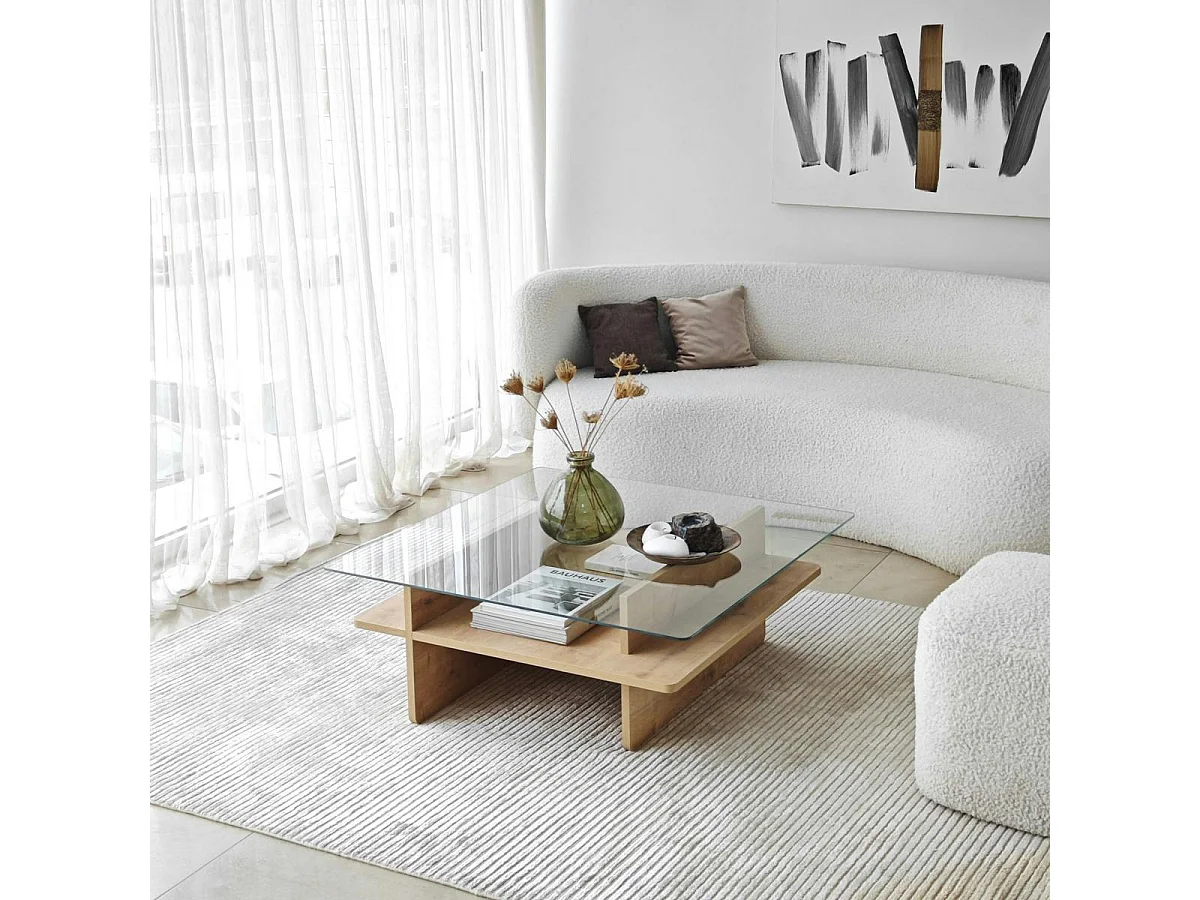 Table basse en verre carrée, base effet bois SALTA