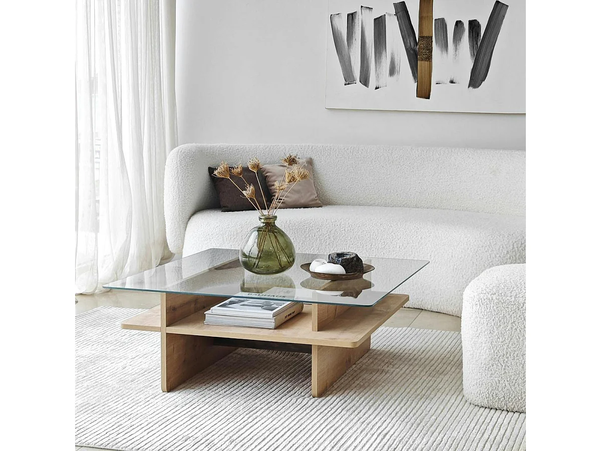 Table basse en verre carrée, base effet bois SALTA