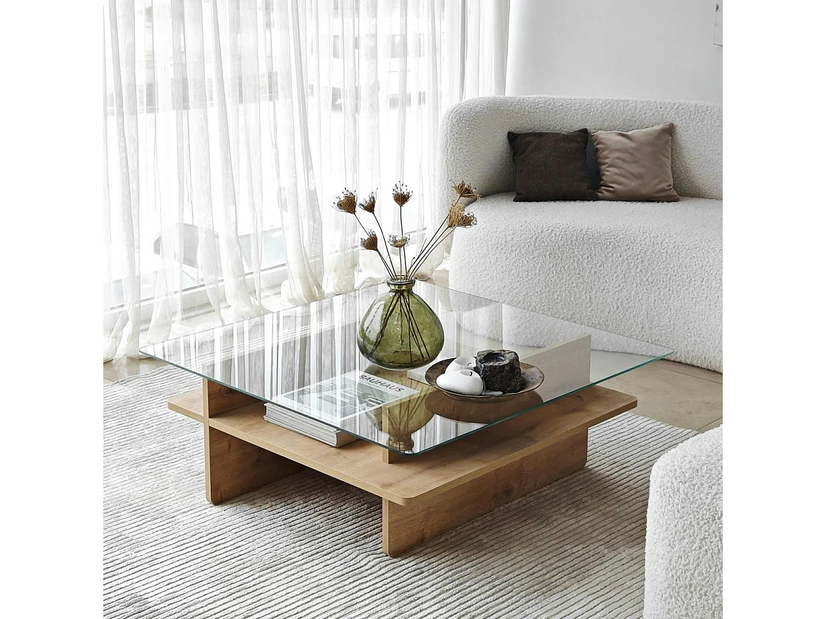 Table basse en verre carrée, base effet bois SALTA