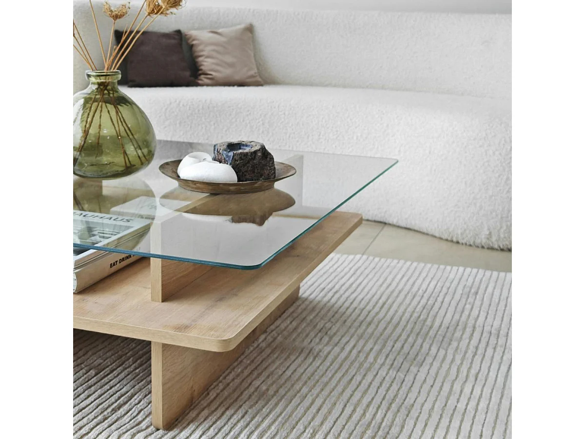 Table basse en verre carrée, base effet bois SALTA