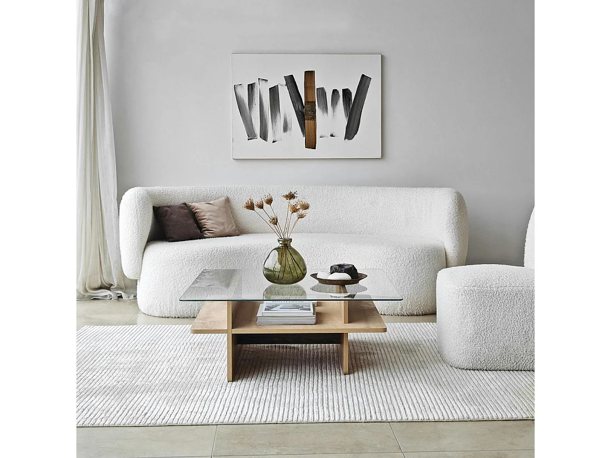 Table basse en verre carrée, base effet bois SALTA