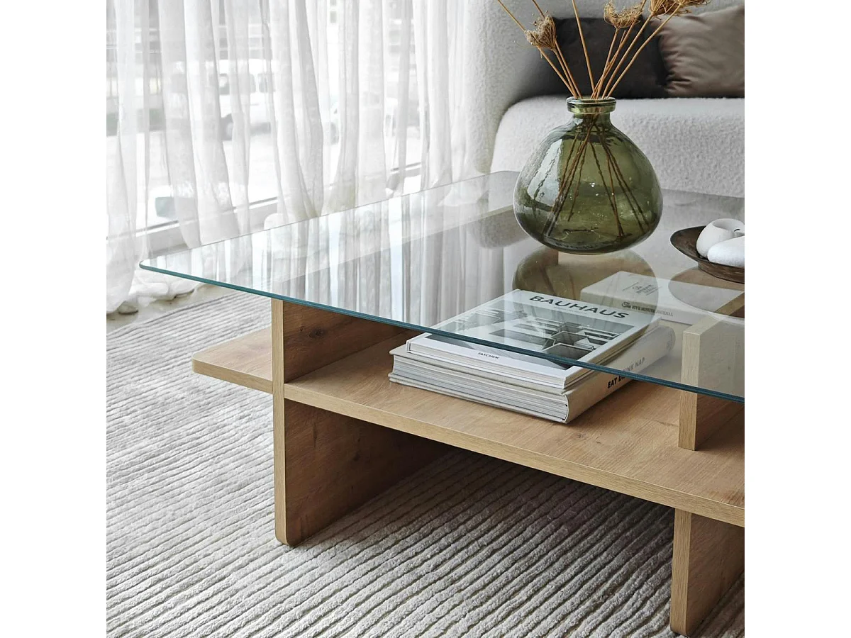 Table basse en verre carrée, base effet bois SALTA