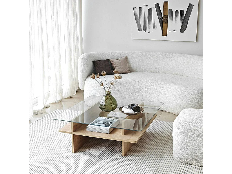 Table basse en verre carrée, base effet bois SALTA