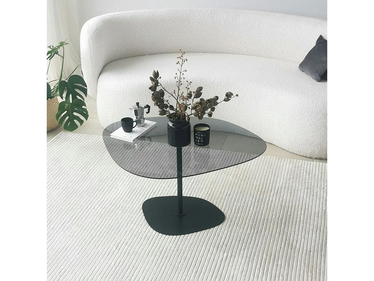 Table basse en verre fumé minimaliste forme galet TULUM