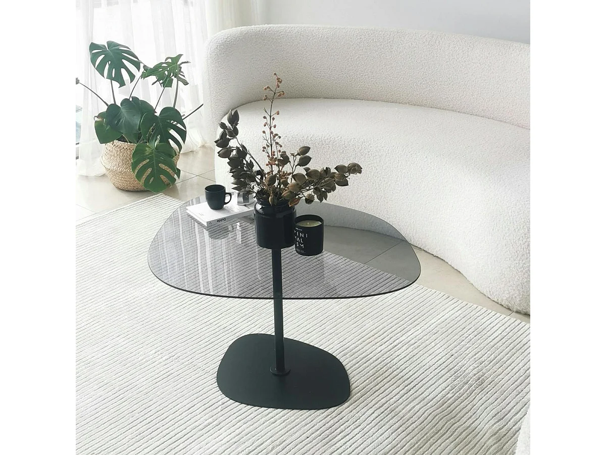 Table basse en verre fumé minimaliste forme galet TULUM