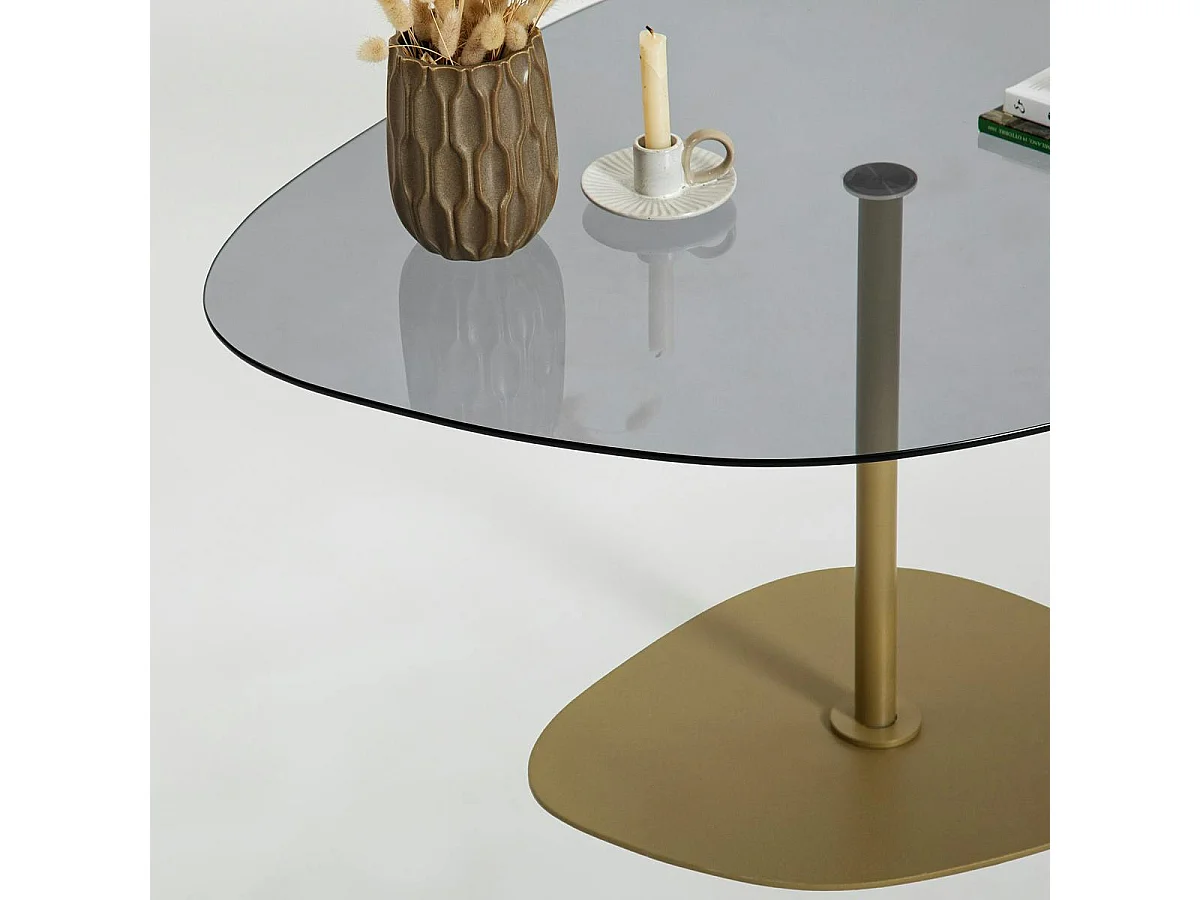Table basse verre fumé minimaliste, galet et pied doré TULUM