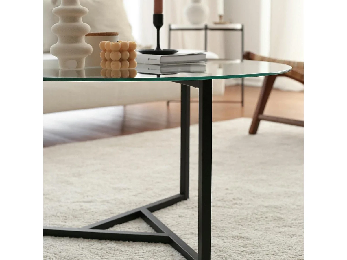 Table basse ronde en verre, pied noir 3 branches TULUM