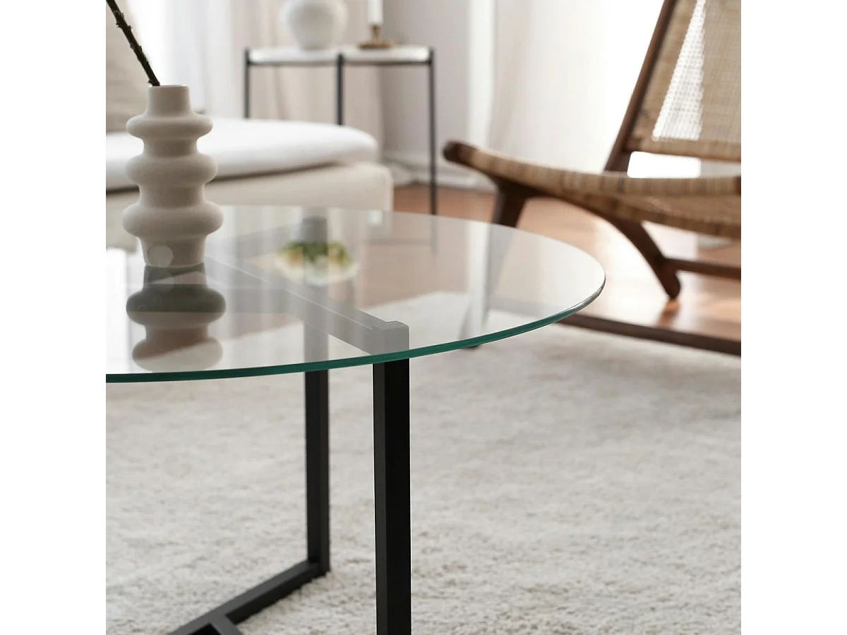 Table basse ronde en verre, pied noir 3 branches TULUM