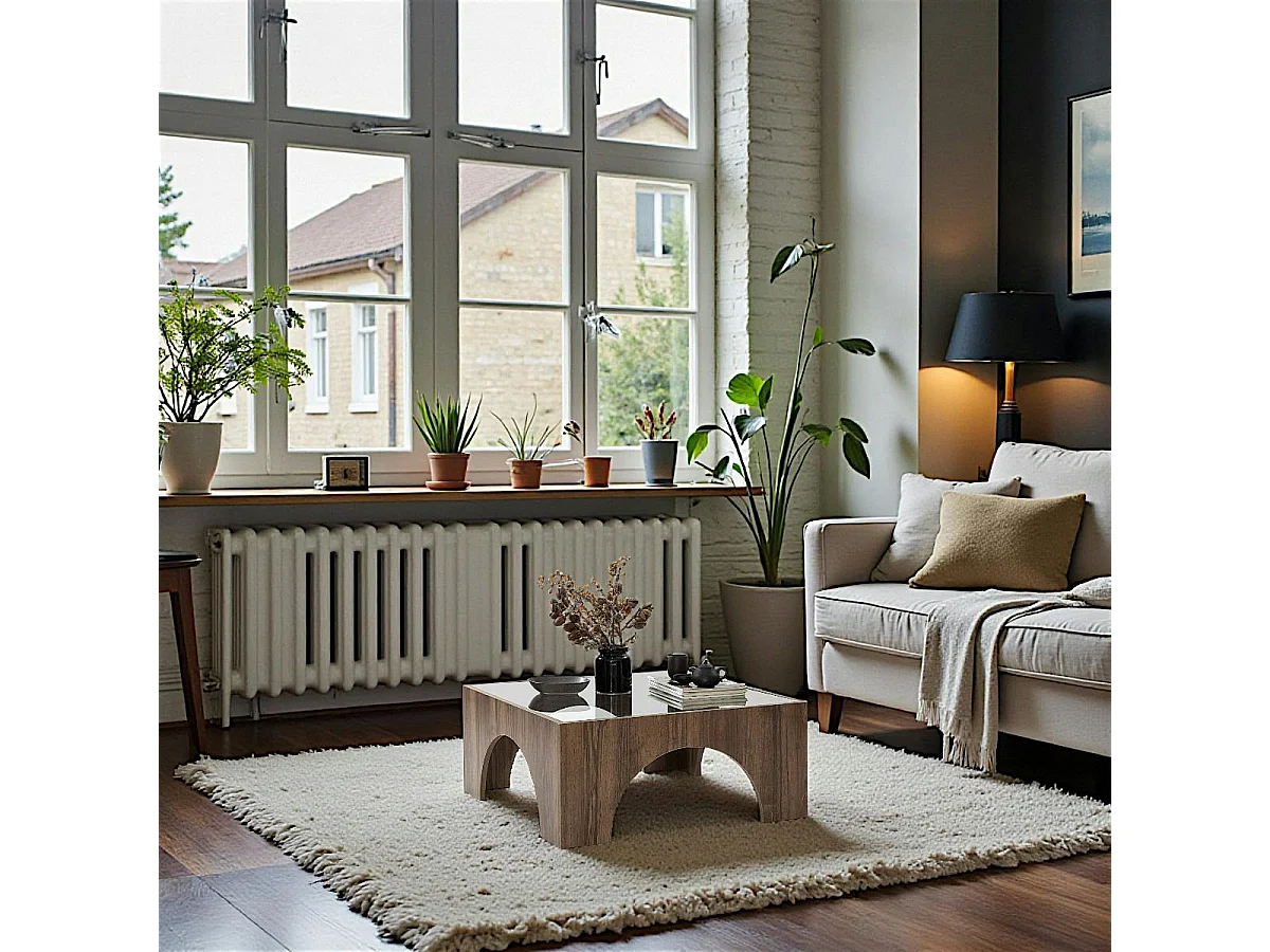 Table basse en verre, structure effet noyer à arches SALTA